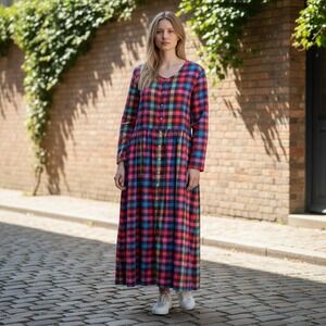 Plaid Buffalo Maxi Flannel Granny Cottage Pearl Snap Electric VTG Y2K Dress 1X